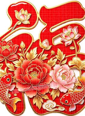锦鲤牡丹福字贴纸新年红红火火喜