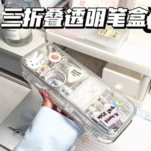 笔袋收纳盒大容量透明高塑料ins风折叠女孩三笔盒款文具双层颜值