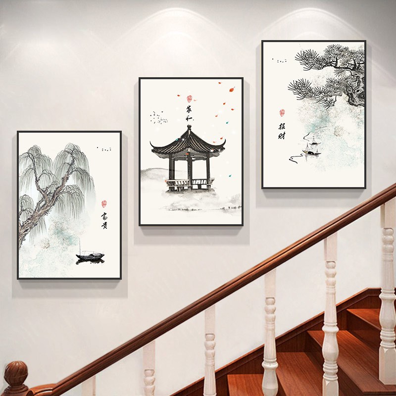 XXP4复式楼梯楼道楼梯间装饰画新中式花鸟墙壁画三联客厅走廊过道