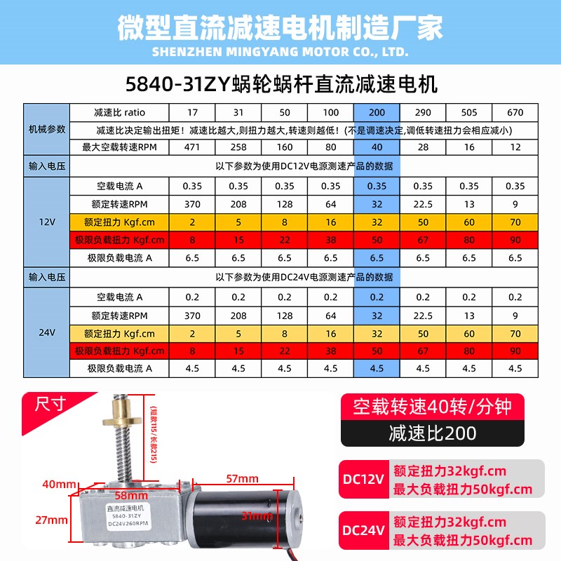T8丝杆轴直流减速电机12伏24v低速5840-31蜗轮蜗杆微小型电动马达