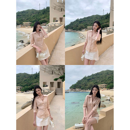 【美鹿莎推荐】5werkwen  1OO亚麻收腰显瘦高智感衬衫/短裙套组
