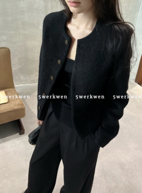 5werkwen秋冬小香风外套女黑色毛感宽松休闲高级羊毛混纺开衫上衣
