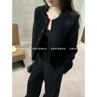 5werkwen秋冬小香风外套女黑色毛感宽松休闲高级羊毛混纺开衫上衣