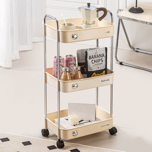奶油风厨房置物架落地家居多层收纳架小推车收纳推车可移动置物架