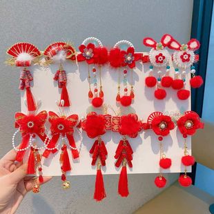 新年中国风流苏蝴蝶结发夹女童过年头饰儿童红色古风发卡头花发饰