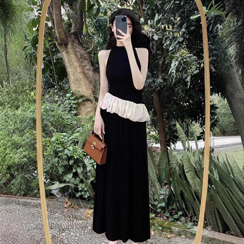 女装夏季设计感套装荷叶边黑色背心高腰半身裙长裙法式气质两件套