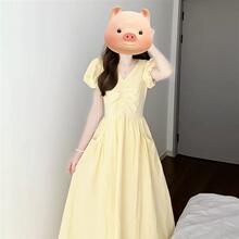 2025新款黄色巨好看的掐腰连衣裙子夏季女小个子独特漂亮绝美长裙