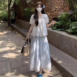 衬衫 甜美学院风蕾丝半身裙套装 系带短袖 女夏季 上衣两件套 2025新款