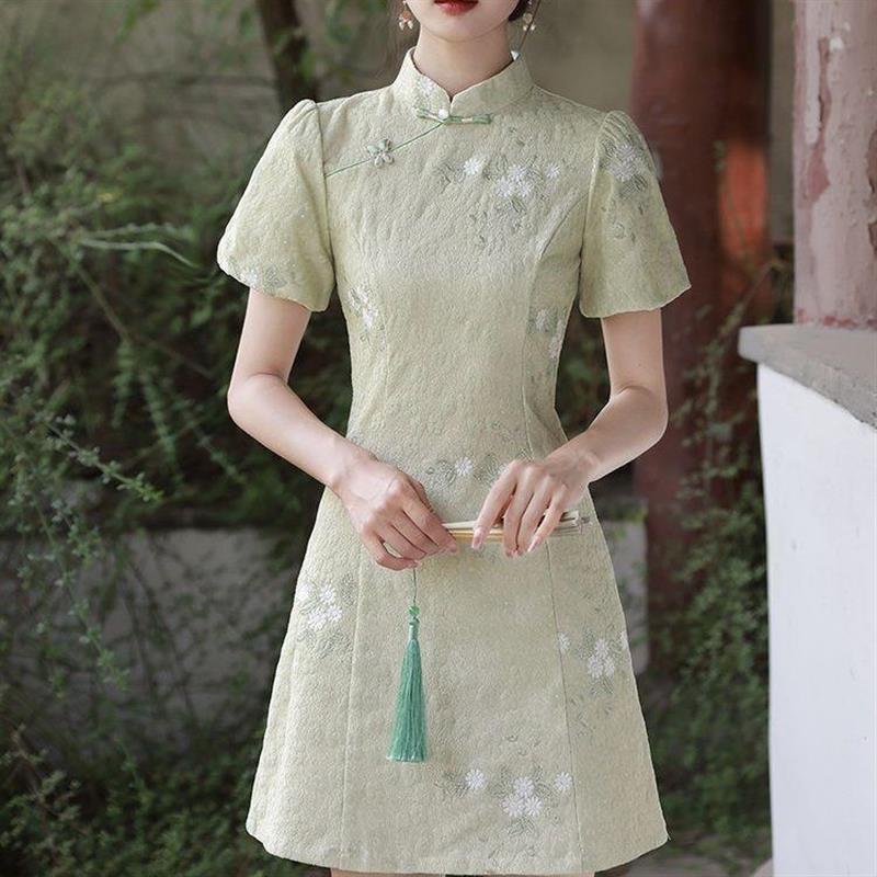 绿色新中式改良旗袍2025新款年轻款少女小个子超仙连衣裙短款夏季