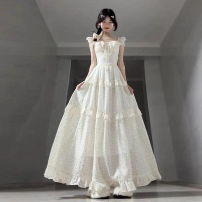 法式白色小飞袖吊带碎花连衣裙子女夏季2025新款爆款独特漂亮长裙