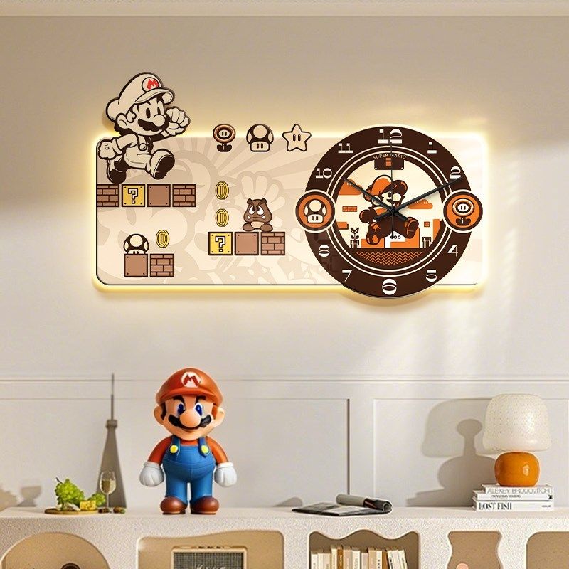 马里奥客厅挂钟diy餐厅钟表挂墙超级玛丽儿童房时钟静音免打孔