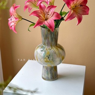 中古琉璃花瓶法式复古鲜花器皿客厅插花装饰摆件侘寂风玻璃花器