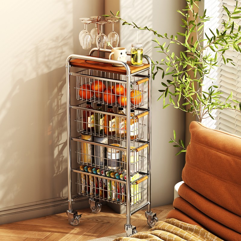 中古风夹缝小推车落地置物架客厅零食G收纳架极窄缝隙可移动储物