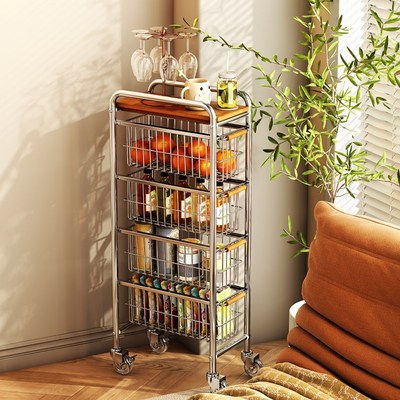 中古风夹缝小推车落地置物架客厅零食G收纳架极窄缝隙可移动储物