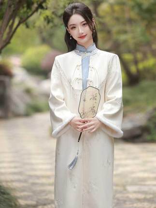 新中式麂皮绒刺绣外套配旗袍复古民国风小众设计中长款加绒大衣