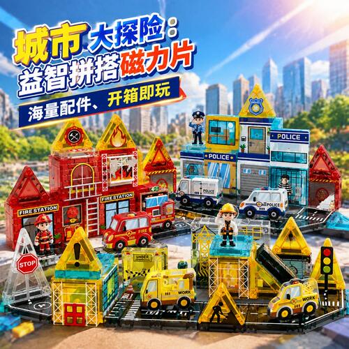 迷你磁力片便携口袋儿童旅行玩具3到6岁拼装积木方块mini交通主题