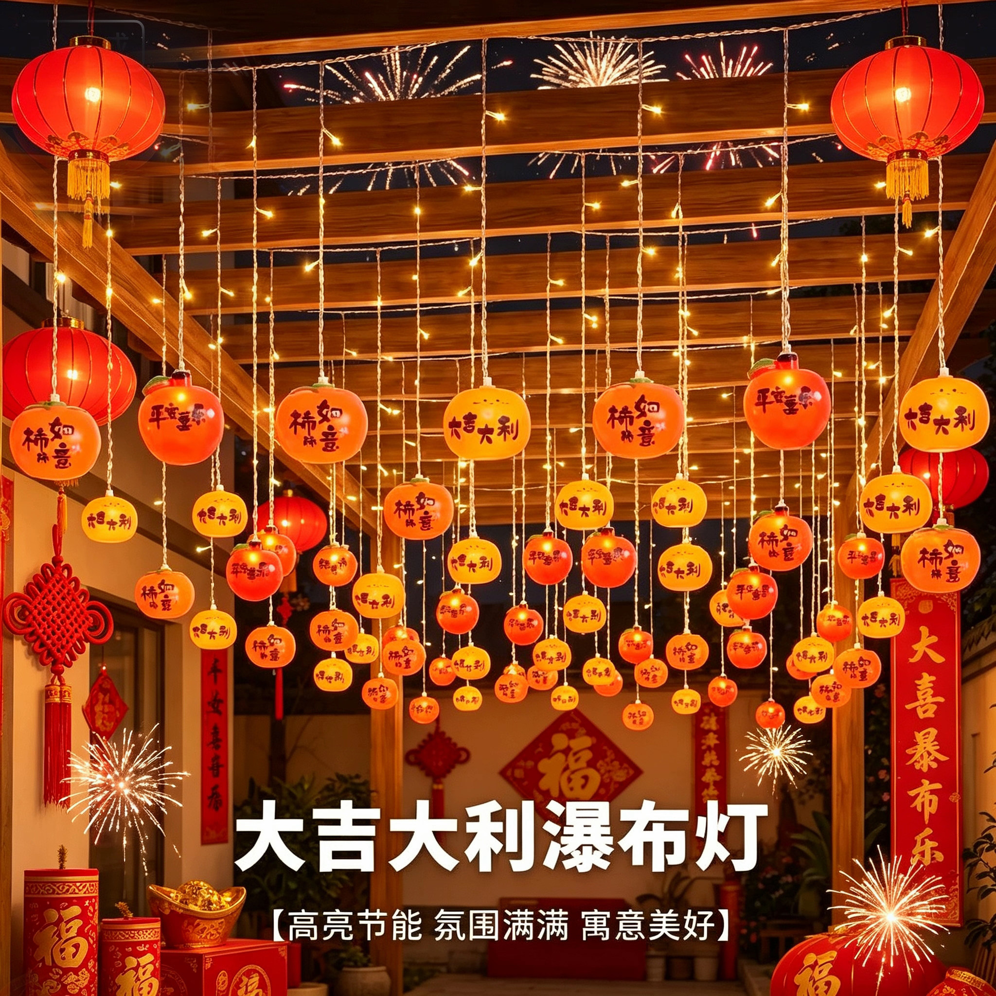 太阳能柿子灯笼瀑布灯串防水装饰