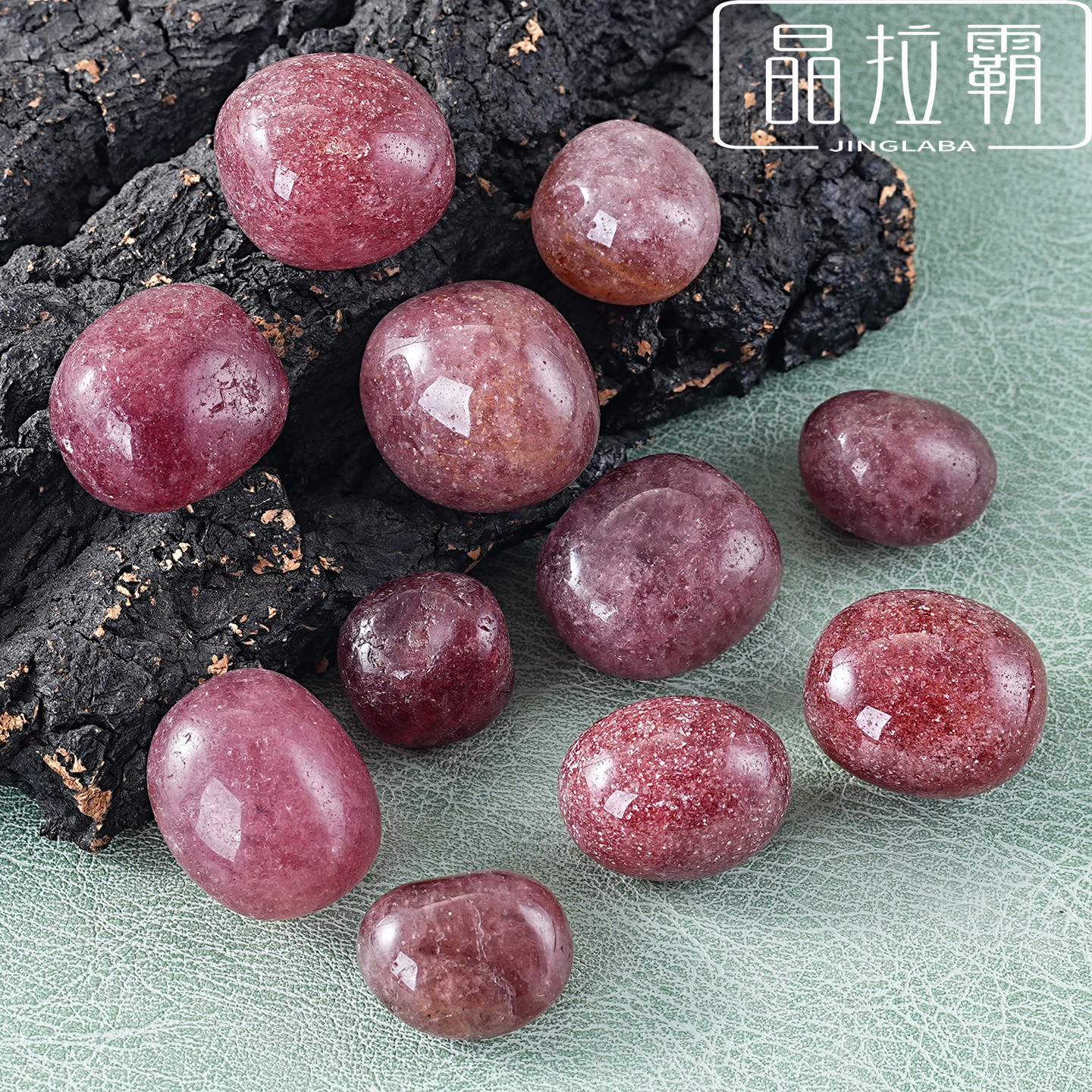 天然红草莓晶滚石摆件士多啤梨晶原石strawberry quartz鱼缸造景