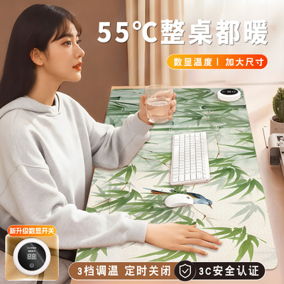 国风风景加热鼠标垫超大暖桌垫女生高颜值办公室女生左右开关工位加热垫电脑桌面发热键盘垫周边皮革电热桌垫