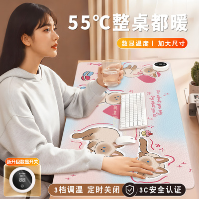 ins卡通猫咪加热鼠标垫超大暖桌垫女生高颜值办公室左右开关工位加热垫电脑桌面发热键盘垫周边皮革电热桌垫