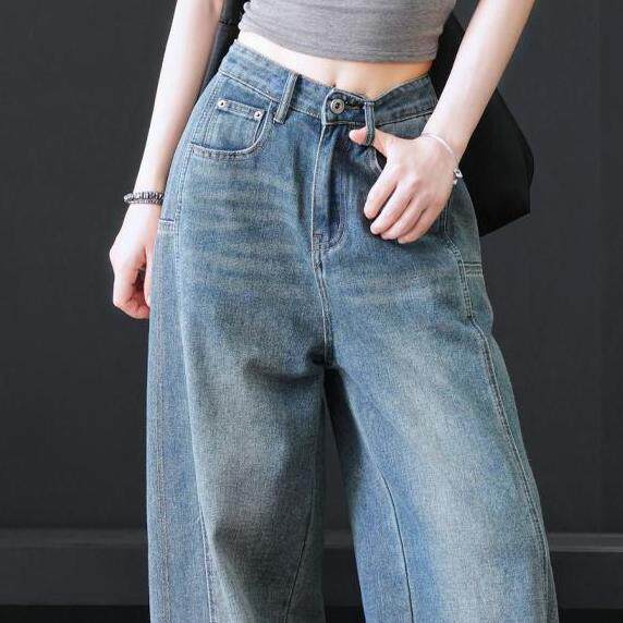 复古高腰阔腿牛仔裤女2026新款春季宽松显瘦弯刀裤美式裤子
