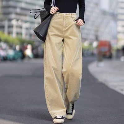 卡其色灯芯绒裤子女2025新款秋冬季加厚条绒裤休闲裤小个子弯刀裤