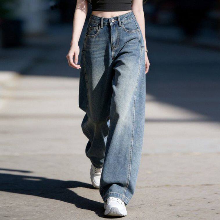 美式复古高腰阔腿牛仔裤女2026新款休闲百搭春季宽松弯刀裤显瘦