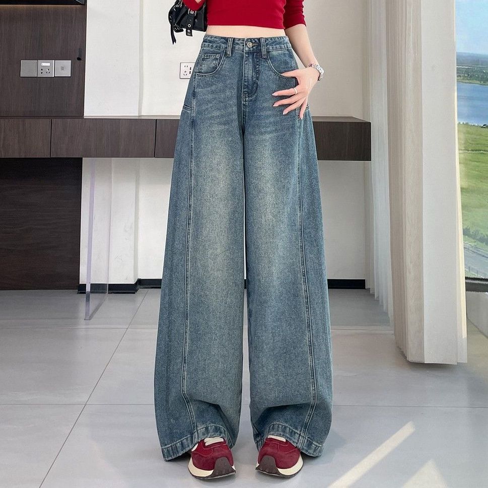 春季复古高腰阔腿显瘦牛仔裤女
