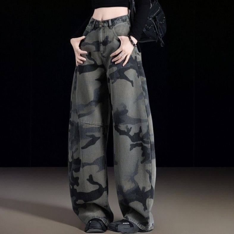 迷彩印花牛仔裤女款爆款2025秋冬加厚高腰复古美式裤子直筒弯刀裤