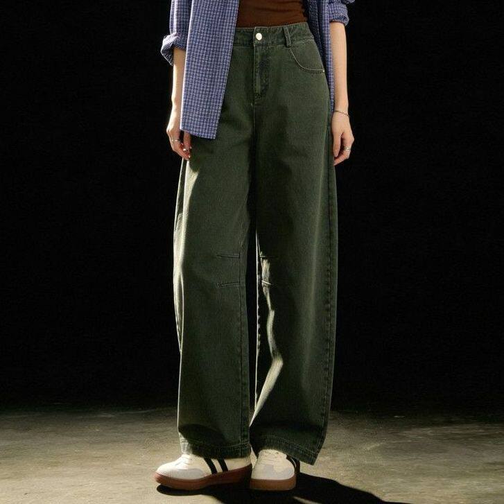 仙踪绿直筒牛仔裤女2026新款春夏分割弧形弯刀裤女九分阔腿裤子