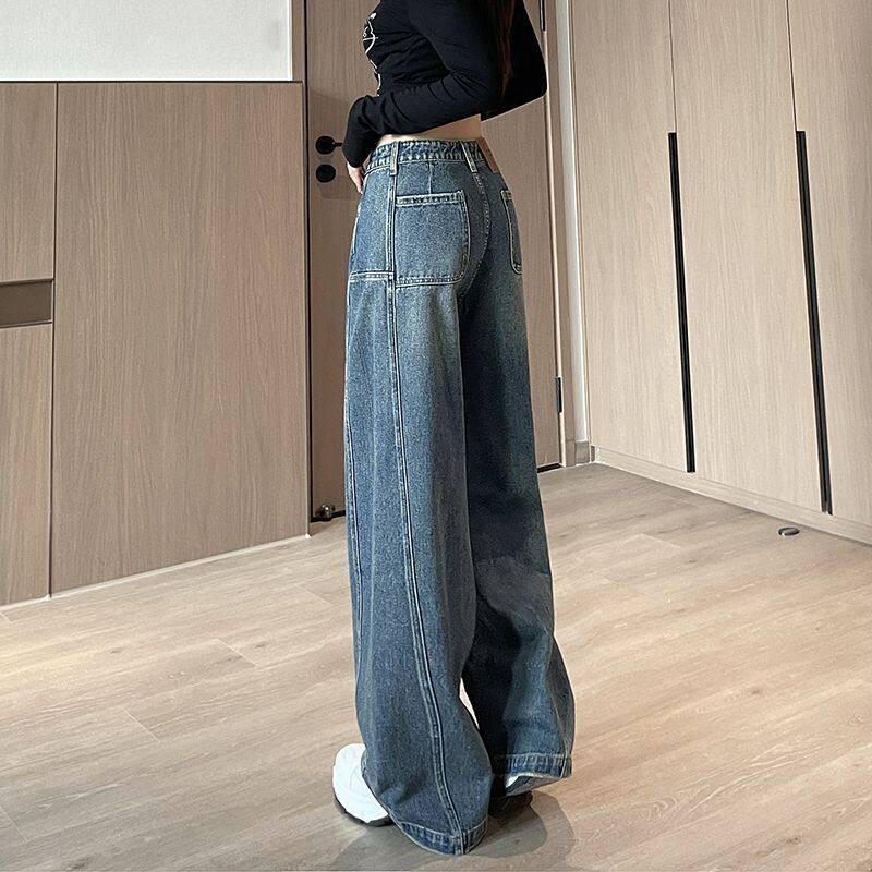 复古蓝阔腿弯刀牛仔裤女春季百搭2026新款高腰显瘦宽松阔腿裤女士