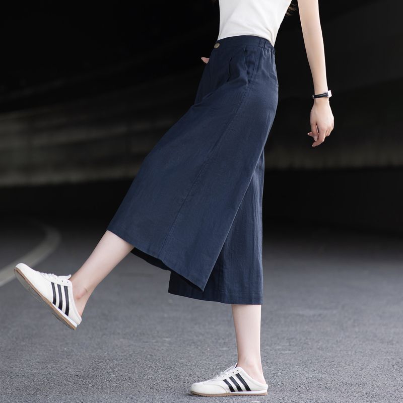 藏青色棉麻阔腿裤女夏薄款七分裤直筒裤子裙裤八分裤夏季百搭女裤