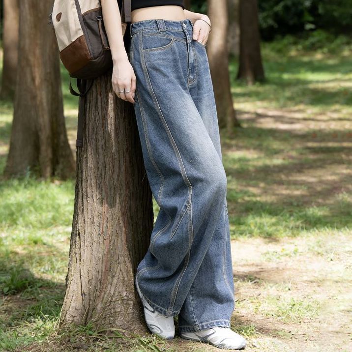 复古蓝凉感弯刀牛仔裤女