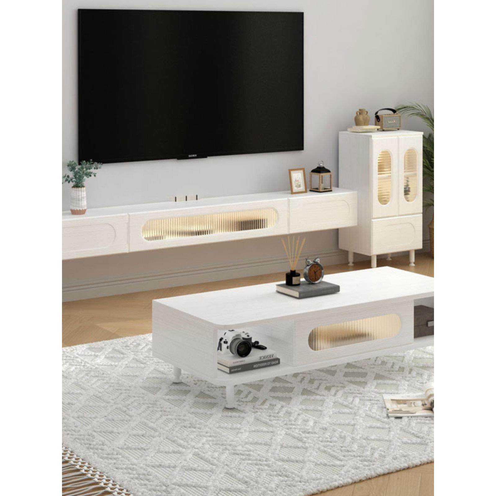 实木悬空电视柜客厅小户型壁挂电视柜茶几组合白色悬浮收纳储物柜