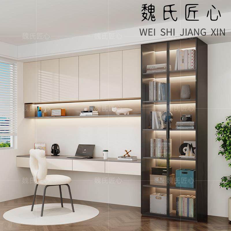 书桌书柜一体电脑桌书架组合带玻璃门卧室书房储物柜柜子桌子,住宅家具,组合书柜,淘宝优惠券,粉丝福利购,淘宝优惠卷