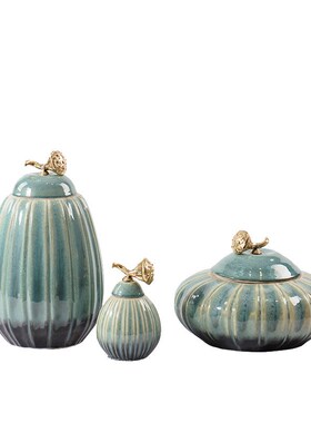 新中式南瓜罐绿色k陶瓷摆件样板房软装客厅玄关桌面莲蓬家居装饰