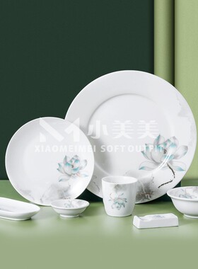 新中式骨瓷餐具套k装会所高级 荷花水墨画样板房间中国风摆台餐盘