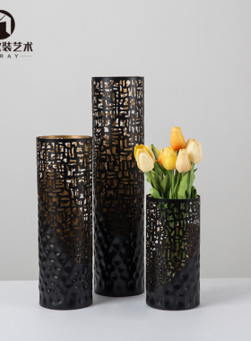 极速样板a房客厅玻璃花插花器花瓶摆件黑色镂空轻奢餐厅家居装饰