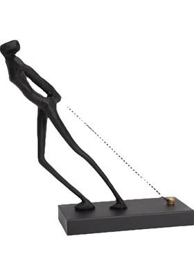 新中式黑色铸铁拉绳人摆件样板房售楼H部卧室书房客厅桌面玄关饰
