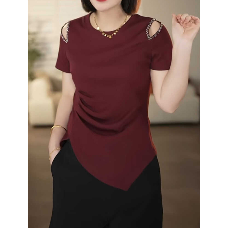 大码女装高级感露肩短袖T恤2025新款夏季胖mm遮肚藏肉不规则上衣