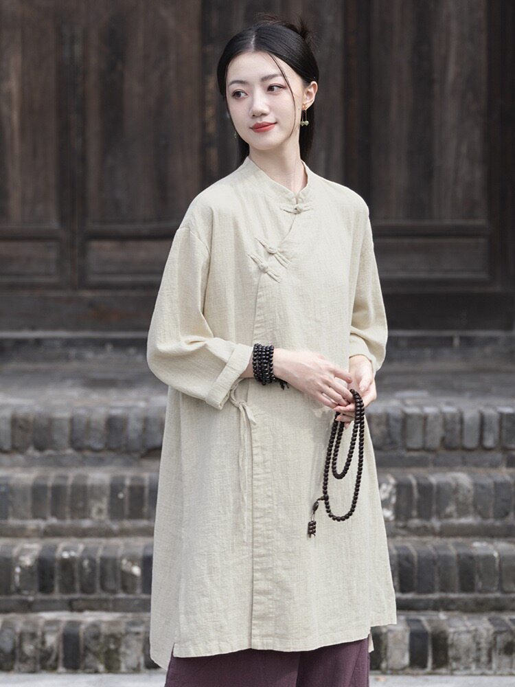 2026春季棉麻女装苎麻砂洗盘扣偏襟系绳复古中式袍子女式禅茶服