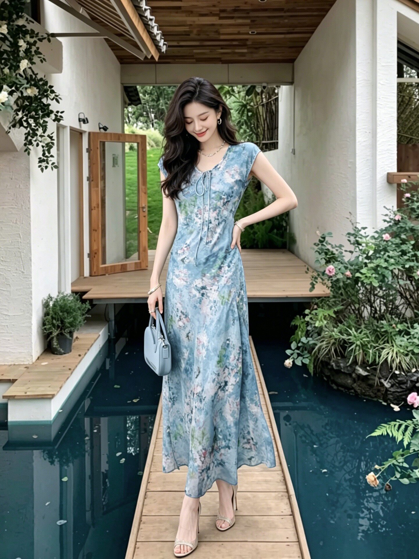 100桑蚕丝晕染印花真丝连衣裙女2026法式度假气质收腰夏季长裙子