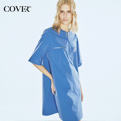 COVERINS2024年夏季新款蓝色圆领宽松廓形短袖连衣裙女
