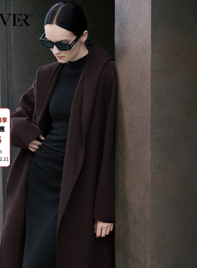 COVERINS浆紫色羊毛连帽大衣外套女长款CC34580140