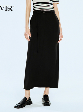 COVERINS夏季黑色显瘦醋酸半身裙直筒裙长款后开衩