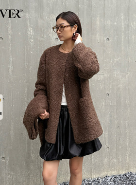 COVERINS可拆围巾圈圈纱卷毛大衣外套女2025冬季新款CC35510140