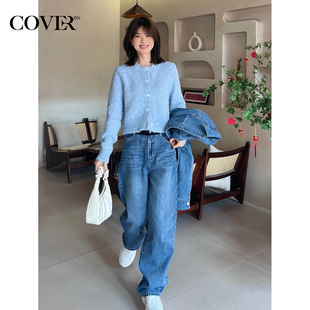 女秋款 拼接腰带全棉显瘦直筒牛仔裤 明星同款 COVERINS