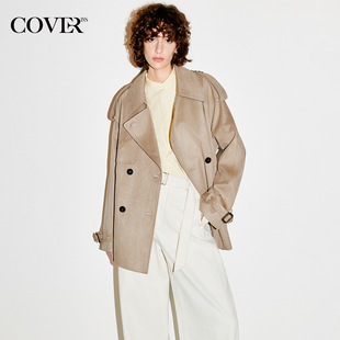 CC36110190 新款 COVERINS驼色仿麂皮风衣外套女双排扣中款 2026春季