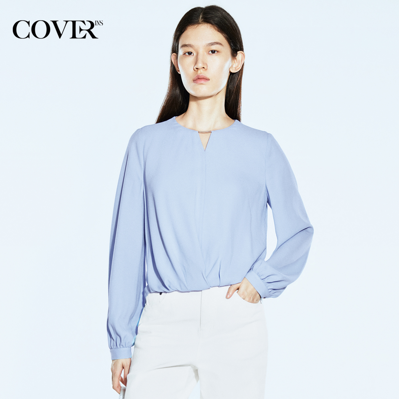 COVERINS2025春季新款高级感链条设计醋酸衬衫女长袖上衣短款