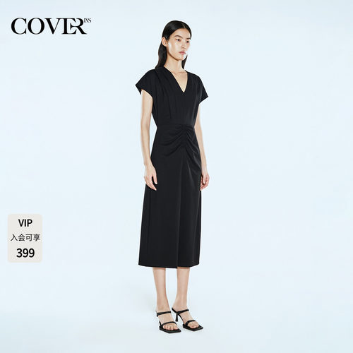 COVERINS黑色v领简约连衣裙女夏季中长款高知气质CC35260068